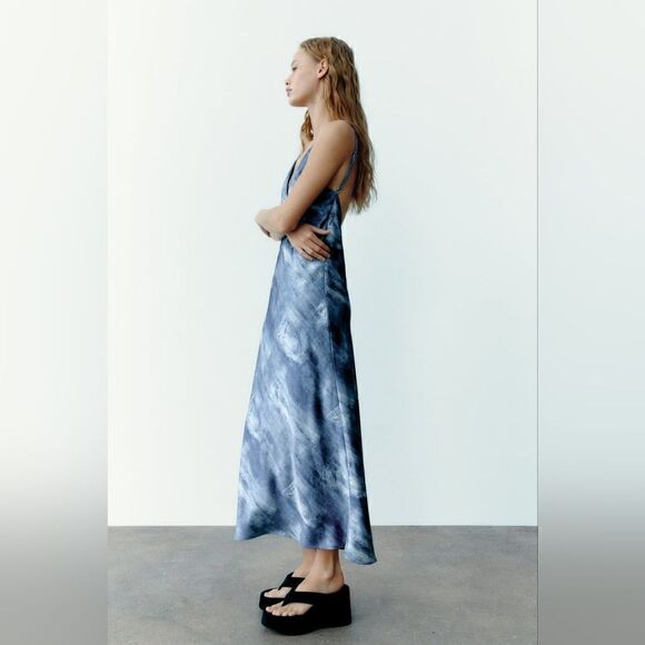 Zara PRINTED DENIM SATIN EFFECT SLIP DRESS - Picture 8 of 11